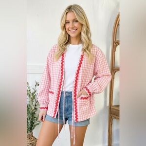 Haptics Pink Gingham Cardigan with Red Trim